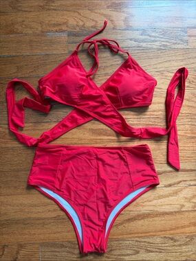 Amazon Red Wrap Triangle High-Waist Bikini